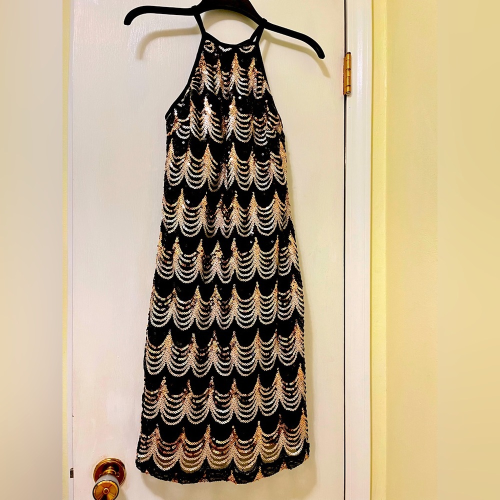 Midnight Doll Black Gold Sequin Sparkle Shimmer Homecoming Cocktail Dress size 9
